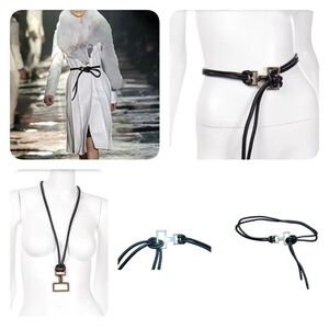 Seventy Black Leather Rope Belt or Necklace w Silver Meta